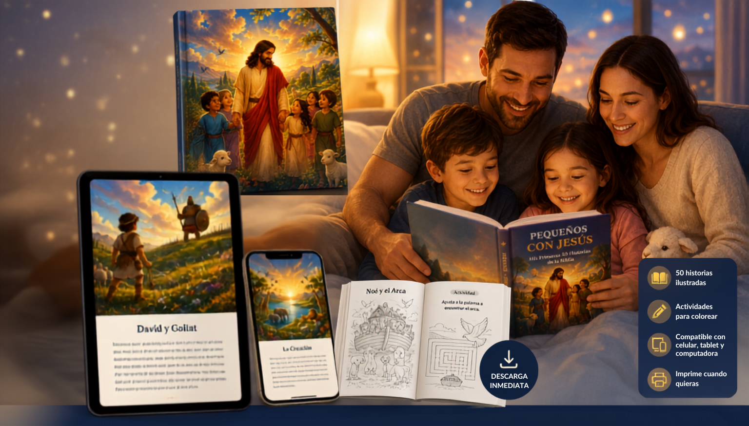 Mockup profesional del libro digital Pequeños con Jesús: familia leyendo, tablet, celular y libro para colorear