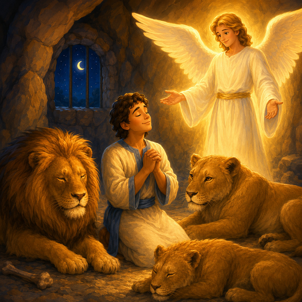 Daniel protegido por un ángel en el foso de los leones
