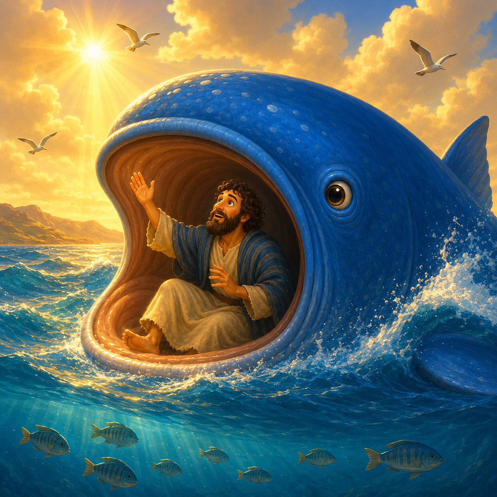 Jonás dentro del gran pez orando a Dios