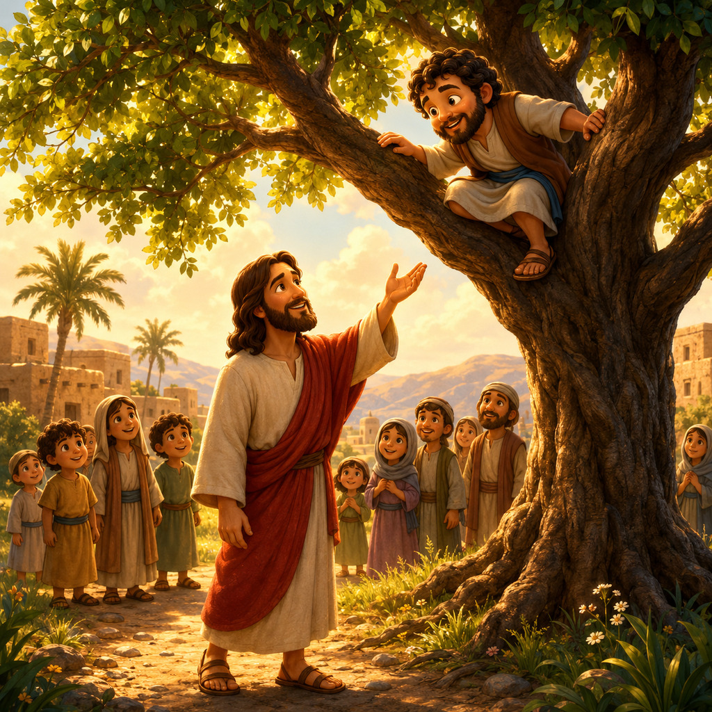 Zaqueo en el árbol mirando a Jesús
